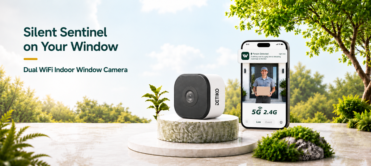 Window camera with app live view in a garden setting